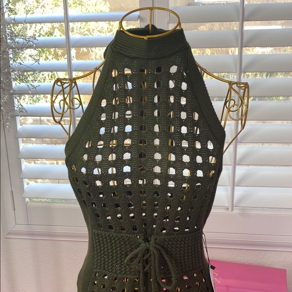 Olive Crochet Cutout Halter Dress with Fringe Hem
